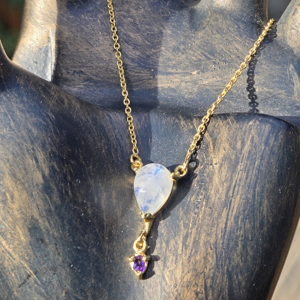 Moonstone & Amethyst Natural Gemstone Sterling & Gold 18" Necklace - Picture 4 of 13